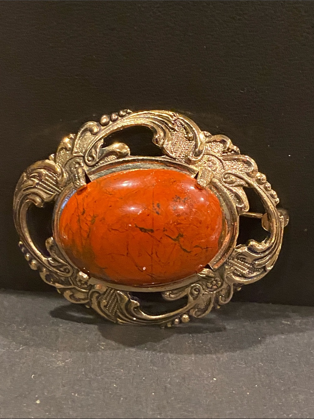 Ornate Jasper Stone Decorative Brooch - Vintage.